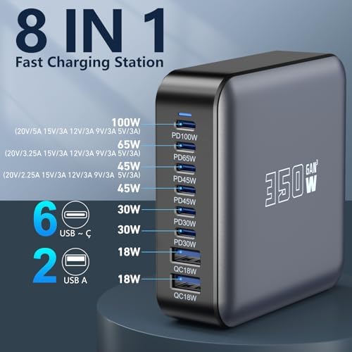 350 W 8-Port USB Fast Charging Station | Multi-Device Charger Block with PD 100 W for Rapid Power Delivery | Universal Compatibility for i Phone, Android, Tablets & More | Compact Design for Home, Office & Travel | Safe Charging with Overcharge Protection