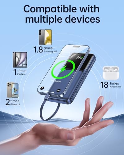 Ultimate 20,000 m Ah Portable Charger with Built-in Cable – Slim 22.5 W Fast Charging Power Bank for i Phone, Samsung, and Android Devices with LED Display, 5 Outputs & 3 Inputs – Essential Travel Companion for Uninterrupted Connectivity