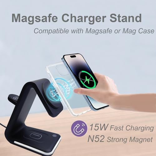 Ultimate 3-in-1 Magnetic Wireless Charging Station with Nightlight – Fast 15 W Apple Mag Safe Charger for i Phone 12/13/14/15/16, i Watch Series, and Air Pods – Sleek Design for Enhanced Compatibility and Efficient Power-Up