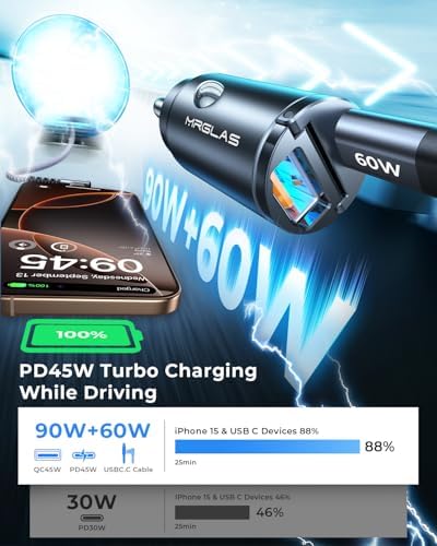 MRGLAS 90 W USB-C Car Charger: Ultra-Fast PD45 W & QC45 W Compatibility with 3.3 ft Type C Cable, Durable All-Metal Design, Flush Fit for Seamless Integration in Vehicles – Ideal for i Phone 16/15, Samsung S25/S24/S23 Ultra, Pixel 8/8 Pro/7 – Power Up on the Go!