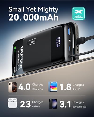 INIU 45 W Ultra-Compact 20,000 m Ah Portable Charger with Built-in USB-C Cable – Fast Charging Power Bank for i Phone 16/15, Samsung S25/S24, Google Devices & i Pads – Ultimate Travel Solution for On-the-Go Charging
