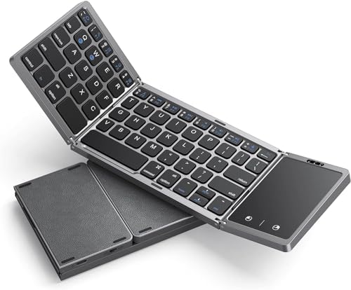 Portable Tri-Fold Bluetooth Keyboard with Touchpad – Rechargeable Multi-Device Wireless Companion for Laptops, i Pads, and Smartphones – Perfect Travel Accessory for Windows, i OS & Android Users – Enhance Your On-the-Go Productivity