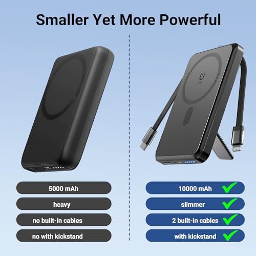 Revolutionary Mag Safe 10,000 m Ah Wireless Power Bank – Ultra-Fast Charging, 4 Outputs with Dual Built-in Cables, Magnetic Design for i Phone 15/14/13/12 Pro/Max/Plus, Integrated Kickstand for Effortless Viewing, Versatile USB-C & Micro USB Inputs – Perfect Travel Companion for On-the-Go Charging