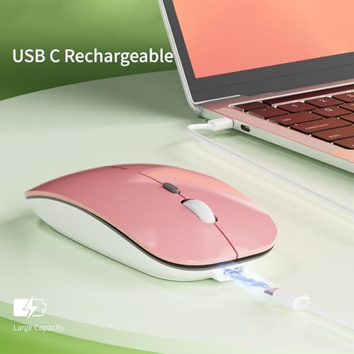 Uciefy Q5 Slim Rose Gold Wireless Mouse – Portable Optical Rechargeable Design with Silent Click, USB Receiver & Type C Adapter for Effortless PC, Laptop & Desktop Compatibility – Elevate Your Workspace with Style & Precision