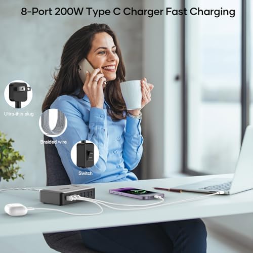 Transform Your Charging Routine with the 200 W 8-Port Fast Charging Hub – Multi-Device USB Station Featuring 65 W Laptop Adapter, Space-Saving Flat Plug, Durable Braided Cable, and User-Friendly On/Off Power Control for Optimal Performance and Safety