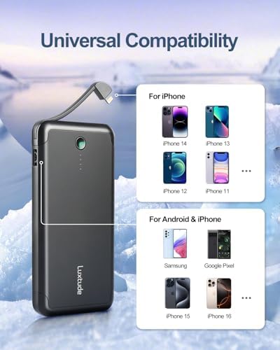 Ultra-Slim Luxtude Portable Charger with Built-in MFi Lightning Cable – 5000 m Ah Power Bank for i Phone 14, 13, 12, 11, 10 | Sleek Metal Black Design for Effortless Charging On-the-Go | Lightweight and Durable Phone Battery Pack for Everyday Use