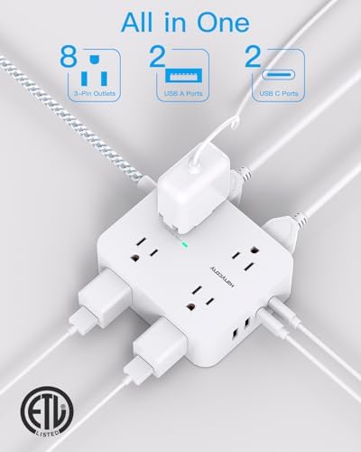 HANYCONY 6 ft Surge Protector Power Strip with 8 Outlets & 2 USB-C Ports – Essential College Dorm Extension Cord with Space-Saving Flat Plug for Fast Charging and Device Safety – Perfect for Home Office and Tech Needs