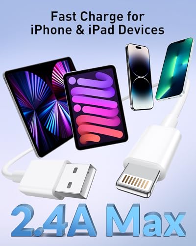 Ultimate Car i Phone Carplay Charging Cable – 2 Pack USB A to Lightning Cords for i Phone 14/13/12/11/Pro Max/XS/XR/X/8/7/6 Plus/SE & i Pad 9/8/7/6/5, Mini 5/4/3/2, Air 3/2 – Fast Charging, 3 FT White – Superior Compatibility & Performance for Road Trips and Daily Commutes