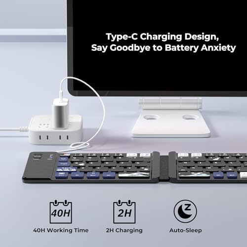 Ultra-Portable XVX WK60 Foldable Bluetooth Keyboard with Kanagawa Wave Art – Multi-Device Compatible Wireless Keyboard for i Pad, i Phone, Mac Book, Android & Windows – Long-Lasting 20-Hour Battery Life – Elevate Your Typing Experience Anywhere