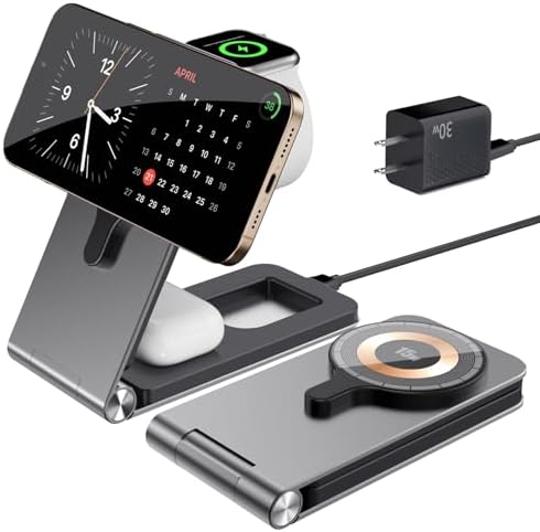 Ultimate 3-in-1 Foldable Charging Station for i Phone 16/15/14, Apple Watch Ultra, and Air Pods Pro 4 – Fast Wireless Charger with 30 W USB-C Adapter, Space-Saving Travel and Desktop Solution Compatible with Mag Safe, Streamline Your Charging Routine and Maximize Efficiency