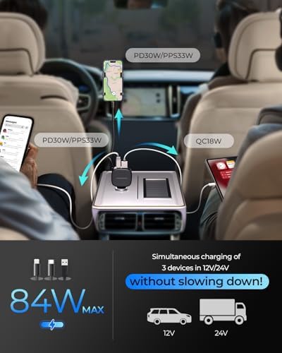 Ultra-Compact 84 W Max Retractable Fast Car Charger – Dual-Port USB C Cigarette Lighter Adapter with Built-In Type-C Cable for Effortless Charging and Clutter-Free Travel, Perfect for Families and Frequent Travelers