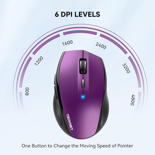 TECKNET Bluetooth Wireless Mouse – Ergonomic 4800 DPI Precision with 6 Adjustable Settings, Long-Lasting 2-Year Battery, and 6 Functional Buttons for Laptops & Windows – Sleek Grey Design for Enhanced Comfort and Productivity