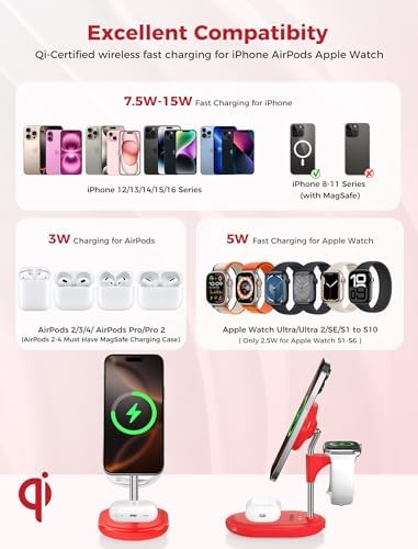 All-in-One Wireless Charging Station for Apple Devices – 15 W Fast Qi-Certified Mag-Safe Charger for i Phone 16, 15, 14, 13, 12, Apple Watch & Air Pods – Adjustable Viewing Angle, Ideal Gift for Women – Enhance Your Charging Efficiency and Style
