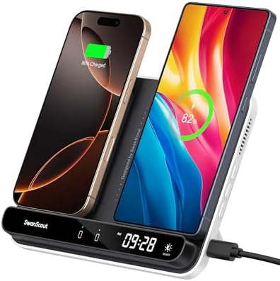 Swan Scout 504 Dual Wireless Charging Stand – Foldable Fast Charging Station for i Phone 16/15/14, Samsung Galaxy S25/S24/S23, Google Pixel 9/8/7, and Android Devices – Perfect for Air Pods & Galaxy Buds – Portable Design with Enhanced Safety Features for Seamless Power Management