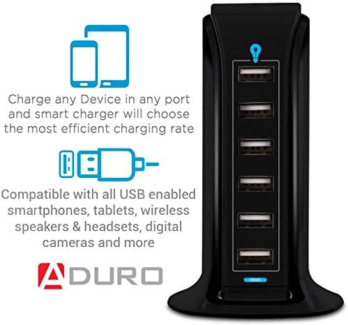 Aduro 40 W 6-Port USB Desktop Charging Hub – Multi-Device Power Station with Smart Flow Technology for Fast Charging i Phones, i Pads, and Smartphones – Sleek, Compact Design for Home and Office Use – Reliable Safety Features Ensure Optimal Device Protection