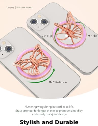 Stylish Magnetic Butterfly Phone Grip for Mag Safe – Silver Bling Kickstand Holder with Universal Adapter Ring for Enhanced Usability – Lightweight & Chic Accessory for Secure Handling and Effortless Viewing Experience