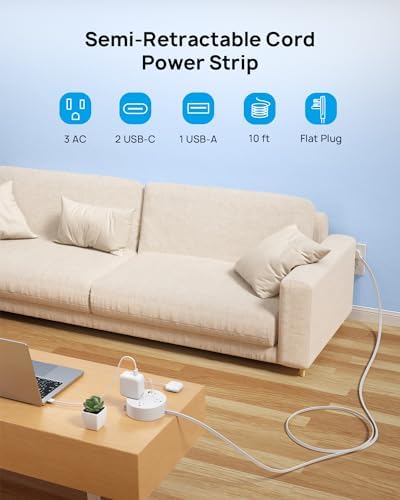 Compact TROND 20 W USB-C Travel Power Strip – Retractable 5 ft Extension Cord with 3 AC Outlets for Fast Charging, Perfect Cruise Ship Essential, Ultra-Thin Flat Plug for Home & Dorm Use – Stay Organized & Connected Anywhere