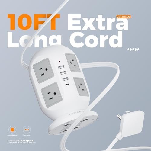 TESSAN Tower Surge Protector Power Strip – 10 ft Flat Extension Cord with 8 AC Outlets & 4 USB Ports (1 USB-C) – Compact Charging Station with Advanced Surge Protection for Home Office & Dorm Use – Optimal Device Safety & Versatile Compatibility