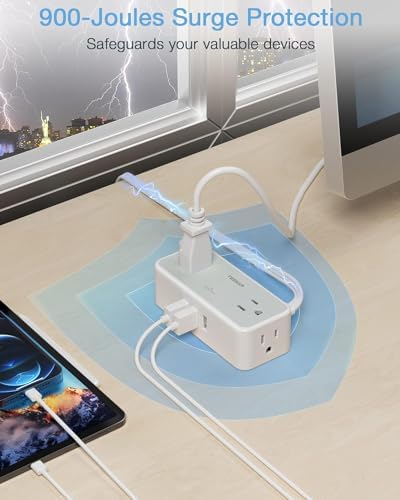 TESSAN 5 FT Flat Plug Extension Cord with 4 AC Outlets, 1 USB-C & 2 USB-A Ports – 900 Joules Surge Protector Power Strip for Home Office & Dorm Room – Maximize Charging Efficiency & Space Savings with Versatile Power Accessory