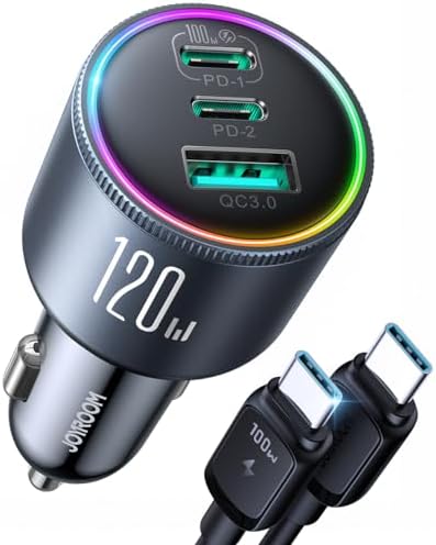 JOYROOM 120 W Ultra-Fast Car Charger with 3 Ports – PD100 W & PD35 W USB-C Fast Charging Adapter for i Phone 16, 15 Pro Max, Samsung Galaxy S25, S24, i Pads, and Laptops – Includes Premium USB-C Cable for Enhanced Compatibility and Safety on the Go