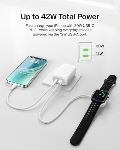 Belkin 42 W Dual Port Charger Block – Ultra-Fast USB-C & USB-A Power Adapter for i Phone 16/15/14/13 Pro, Samsung Galaxy S25, i Pads, Air Pods, and Nintendo Switch 2 – Compact Travel-Friendly Design for Maximum Charging Efficiency