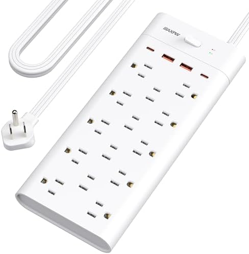 Ultimate Surge Protector Power Strip with 14 Outlets & 4 USB Ports (2 USB-C) – 6 Ft Flat Plug Extension Cord, 1700 Joules Protection, Wall Mountable – Ideal for Home, Office, and Dormitory Charging Solutions