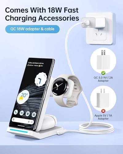 Revolutionary 3-in-1 Foldable Wireless Charger for Google Pixel Devices – Fast Charging Stand for Pixel Watch 3/2, Pixel 9 Pro/XL/9 a/8 Pro/8 a/7 Pro/7 a/6 Pro & Pixel Buds Pro 2 – Compact, Portable Design with Adapter Included – Sleek White Finish for Home or Travel – Ultimate Solution for Efficient Multi-Device Charging