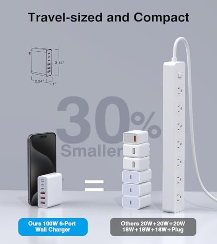 Ultra-Fast 100 W Ga N USB-C Charging Station with 6 Ports – Compact Wall Adapter for i Phone 16/15/14/13 Pro Max, i Pad, Samsung, Pixel, LG – High-Speed Multi-Device Charger with Smart Safety Features – Travel-Friendly Power Hub for Effortless Charging