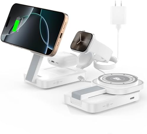 Revolutionize Your Charging Routine with the 3-in-1 Magnetic Wireless Charger Station for Apple Devices – Foldable Design, Integrated Night Lamp, and Mag Safe Compatibility for i Phone 16/16 Pro/16 Pro Max/15/14/13/12, Air Pods, and Apple Watch (Sleek Black Finish) – Ultimate Convenience and Enhanced Speed for Modern Users