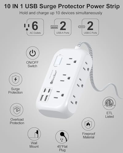 15 Ft USB Surge Protector Power Strip with 4 Fast-Charging Ports – Versatile 6-Outlet Desk Charging Station, Flat Plug & Wall Mount Design for Home Office, Dorm Room – Enhanced Durability & Convenience