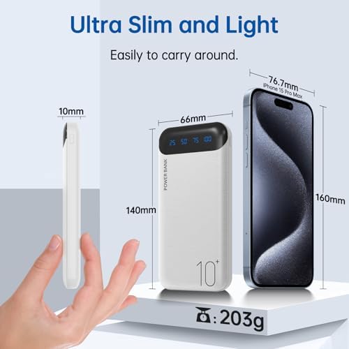 10000 m Ah Slim Portable Power Bank – Fast Charging External Battery Pack with Dual USB 2.4 A Outputs & USB-C Compatibility for i Phone 12-16, Huawei, Samsung Galaxy S20, & Android Tablets – Ideal for Travel and Daily Use