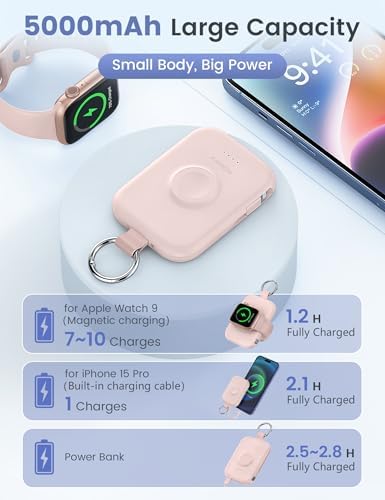 Compact RORRY 5000 m Ah Portable Charger Power Bank with Integrated Cables – Sleek Keychain Battery Pack for i Phone 16/15/14/13/12 and Apple Watch Ultra Series, Ultimate Travel Companion with Fast Charging and Modern Design