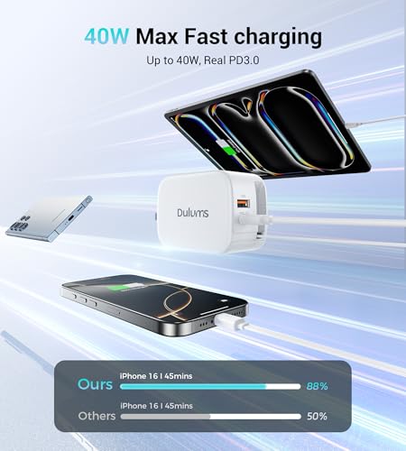 Dulums 40 W Ultra-Fast Retractable Wall Charger – Advanced QC3.0 & Power Delivery Technology with 2.6 FT Lightning Cable – Compact, Portable Power Solution for i Phone 16/15/14/13, Galaxy S24/S23, Pixel Devices – Perfect for On-the-Go Charging in Home, Office, or Travel