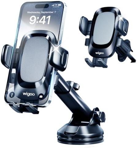 Wigoo Pioneer 3-in-1 Car Phone Holder Mount – 2024 Upgrade for Ultimate Universal Smartphone Compatibility | Secure Dashboard, Windshield & Air Vent Stand for i Phone 16, 15, 14, 13, 12 & All Mobile Devices | Enhanced Fiber Grip for Safe Hands-Free Navigation & Calls