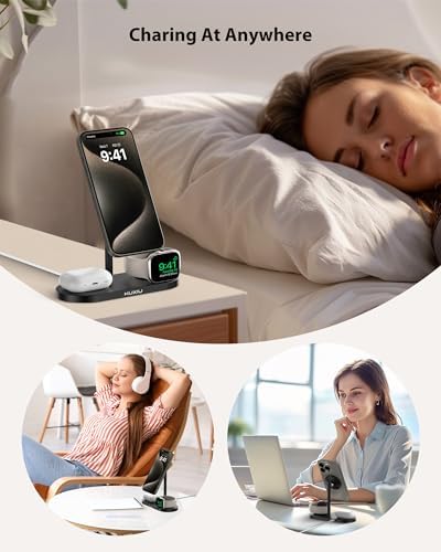 Sleek Aluminum Alloy 3-in-1 Magnetic Wireless Charging Station for Apple Devices – Fast 5 W Charger for i Phone 16/15/14/13/12, Apple Watch 9/8/7/SE & Air Pods – Ideal Travel Accessory for Clutter-Free Charging Solutions