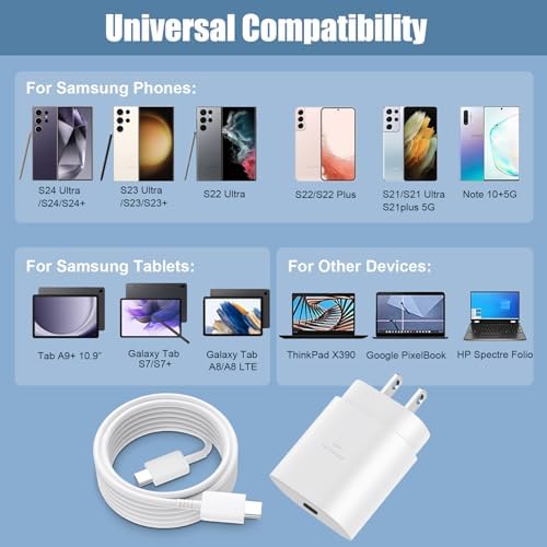 High-Speed 25 W Type C Wall Charger for Samsung Galaxy S25 Series – Includes Dual 10 FT USB-C Cables for Enhanced Flexibility and Safety – Lightning-Fast Charging with Compact Design for Travel Enthusiasts and Everyday Users