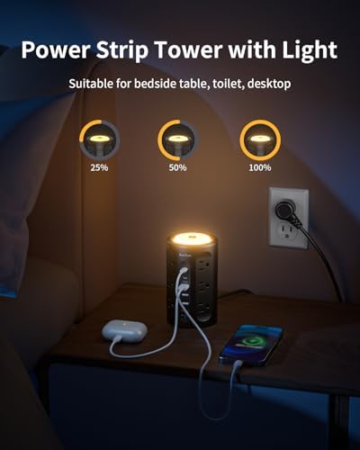 Smart Power Strip Tower with Integrated Night Light & Surge Protection – 10 FT Extension Cord Featuring 12 AC Outlets, 3 USB-A and 2 USB-C Ports for Home Office & Dorm Room Convenience – Sleek Black Design for Enhanced Versatility and Clutter-Free Organization