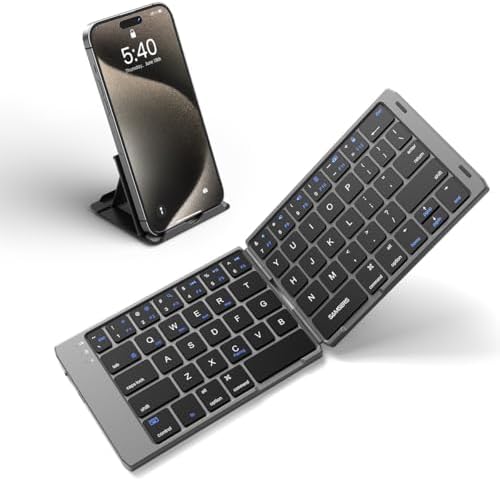 Samsers Portable Foldable Bluetooth Keyboard with Phone Holder – Rechargeable Multi-Device Compatible Wireless Keyboard for i Pad, i Phone, Mac Book, Android & Windows – Ideal Travel Companion for Efficient Typing