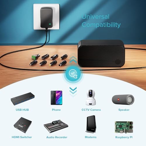 Universal 12 W AC/DC Power Supply Adapter with 8 Interchangeable Tips – Versatile Multi-Voltage Charger for Routers, CCTV, LED Strips, and More – Adjustable 3 V-12 V Output for Optimal Device Compatibility and Performance