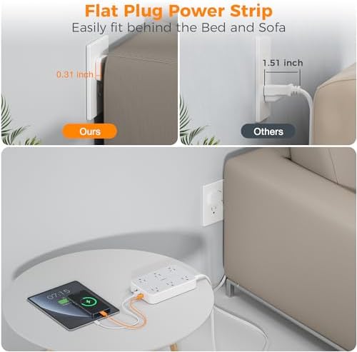 TESSAN 10 FT Flat Extension Cord with Surge Protection: Compact Power Strip Featuring 6 AC Outlets, USB-C & Dual USB-A Ports – Ideal for Home, Office, and Dorm Room Use with Wall Mount Capability for Space-Saving Convenience