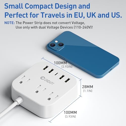 Universal Travel Power Strip with European Plug Adapter – Unidapt US to UK Adapter for EU/UK/US with 4 USB Ports Including USB-C, 3 AC Outlets, Wall Mountable Design, 5 ft Extension Cord for Home, Cruise, and Travel (Black) – Enhanced Device Compatibility and Fast Charging Solutions