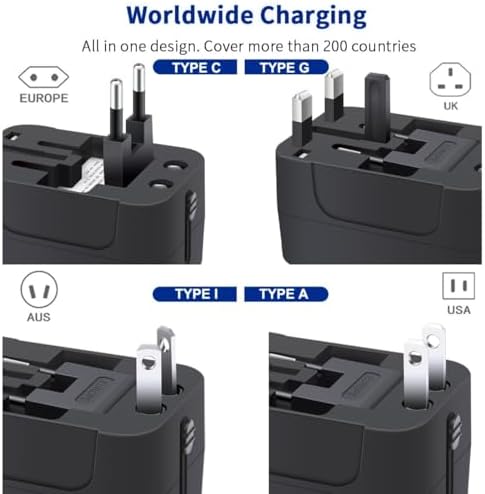 Global Travel Power Adapter with Dual USB-C & USB-A Ports – Compact & Efficient Universal Charger for USA, EU, UK & AUS – Reliable Fast Charging Solution for Tech-Savvy Travelers in Sleek Black Finish