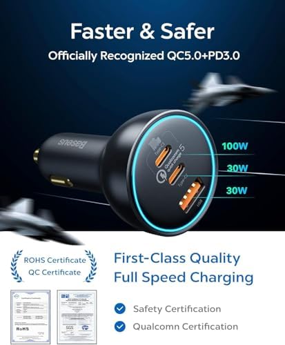 160 W Baseus USB-C Car Charger – Triple-Port Fast Charging Adapter with QC5.0, PD3.0 & PPS for i Phone 15/14/13 Pro, Samsung S22, i Pad & Mac Book Pro – Ultimate Compatibility & Efficiency for Road Trips and Daily Commutes