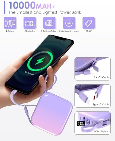 Ultra-Compact 10,000 m Ah Portable Power Bank – 22.5 W Fast Charging with Built-in i OS & USB-C Cables, Sleek LED Display, Lightweight Travel Charger for i Phone, Samsung & Android Devices – Stylish Purple Design for Modern Users