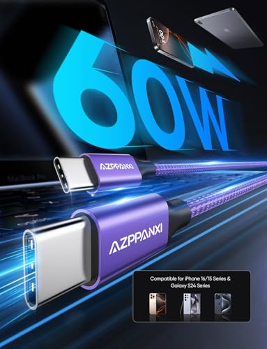 Purple 20ft USB C to USB C Cable, 60W Fast Charge, Durable Double Nylon Braided Type C to C Charger for iPhone 16/15 Series, iPad Pro, MacBook, Samsung Galaxy S24/S23 – Enhanced Compatibility and Speed
