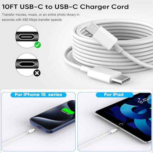 10 FT i Phone 16 Charger with 20 W Fast Charging Block – Ultra-Long USB-C Cable for i Phone 16/15 & i Pad Pro – Enhanced Durability and Convenience for Rapid Power Delivery – Perfect for Home, Office, and Travel