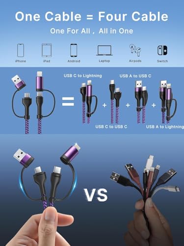 Universal 4-in-1 Multi-Device Charging Cable [2-Pack, 6.6 FT] – 60 W Fast Charging Nylon Braided Lightning & USB-C Cords for i Phone, i Pad, Samsung Galaxy, Mac Book & More – Durable & Tangle-Free Solution for Efficient Powering