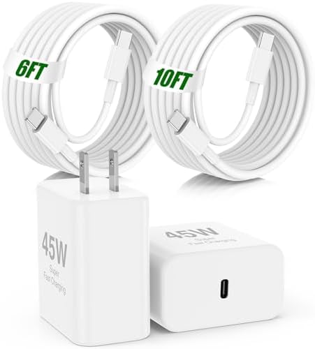 Experience Unmatched Charging Speed with the 45 W Dual USB-C Power Adapter Bundle – Includes 10 FT & 6 FT Cables for Ultimate Device Compatibility – Perfect for i Pad Pro, i Phone 16, Air Pods Pro 2, and Samsung S25 Ultra – Compact, Efficient Charging Solution for Tech-Savvy Professionals on the Go