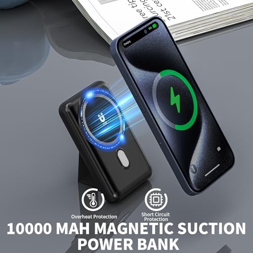 Magnetic Power Bank 10000 m Ah – High-Speed Wireless Charger with Built-In Stand for i Phone 15/14/13/12 Series – 15 W Fast Charging, USB-C Compatible, Ultimate Portable Power Solution for On-the-Go Charging
