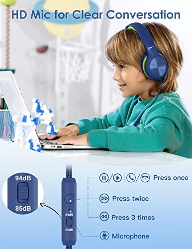 Premium Kids Over-Ear Headphones with Built-In Microphone – Safe Volume Control, Lightweight Dark Green Design for Online Learning & Travel, HD Sound Quality, Collaborative Audio Sharing Feature for Enhanced Learning Experiences
